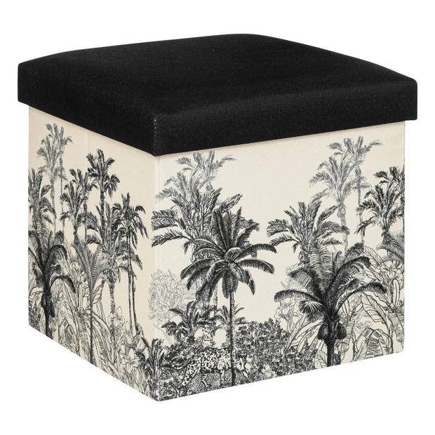 Atmosphera Poef/krukje/hocker Palmtrees - 2x - Opvouwbare opslag box - creme wit/zwart - D39 x H39 cm - Poefs