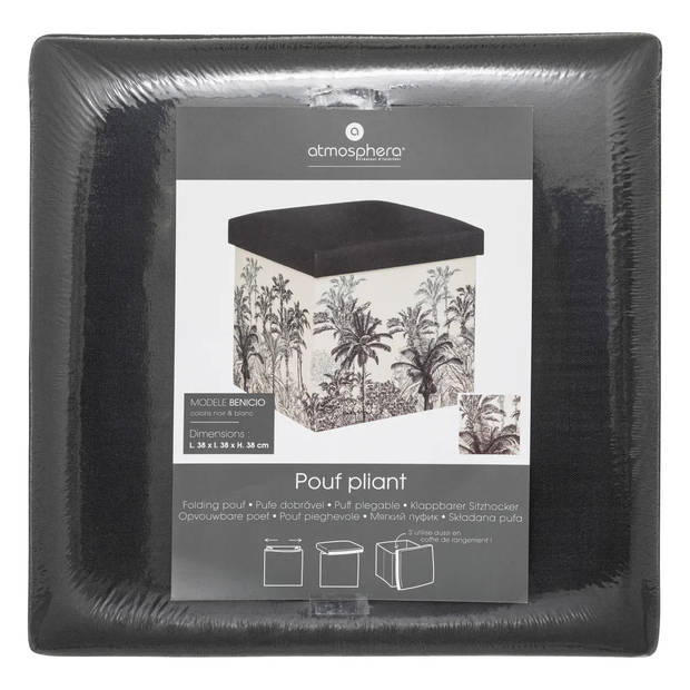 Atmosphera Poef/krukje/hocker Palmtrees - 2x - Opvouwbare opslag box - creme wit/zwart - D39 x H39 cm - Poefs