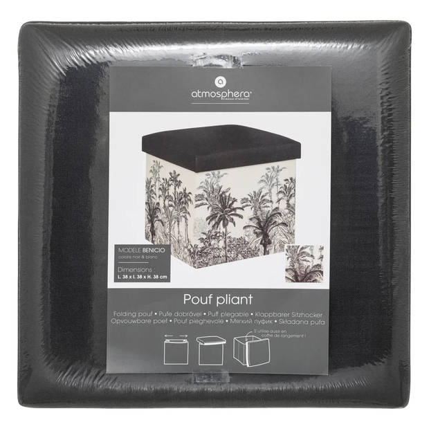 Atmosphera Poef/krukje/hocker Palmtrees - Opvouwbare opslag box - creme wit/zwart - D39 x H39 cm - Poefs