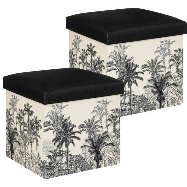 Atmosphera Poef/krukje/hocker Palmtrees - 2x - Opvouwbare opslag box - creme wit/zwart - D39 x H39 cm - Poefs