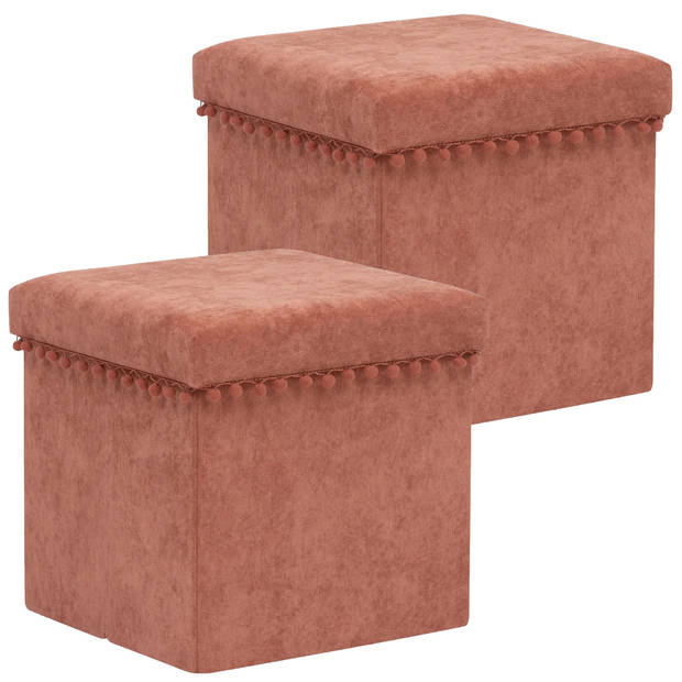 Atmosphera Poef/krukje/hocker Arabic - 2x - Opvouwbare opslag box - fluweel Steenrood - D38 x H38 cm - Poefs