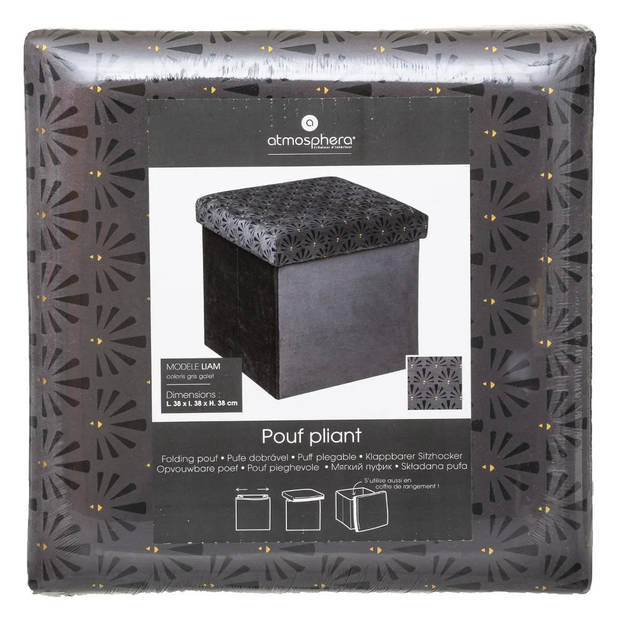 Atmosphera Poef/krukje/hocker Royal - Opvouwbare opslag box - fluweel Donkergrijs - D38 x H38 cm - Poefs