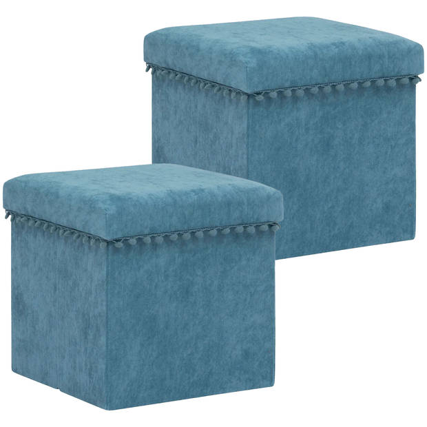 Atmosphera Poef/krukje/hocker Arabic - 2x - Opvouwbare opslag box - fluweel Blauw - D38 x H38 cm - Poefs