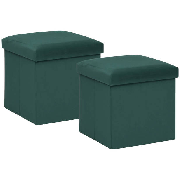 Atmosphera Poef/krukje/hocker Amber - 2x - Opvouwbare opslag box - fluweel smaragd groen - D38 x H38 cm - Poefs