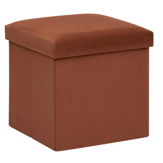 Atmosphera Poef/krukje/hocker Amber - 2x - Opvouwbare opslag box - fluweel roest bruin - D38 x H38 cm - Poefs