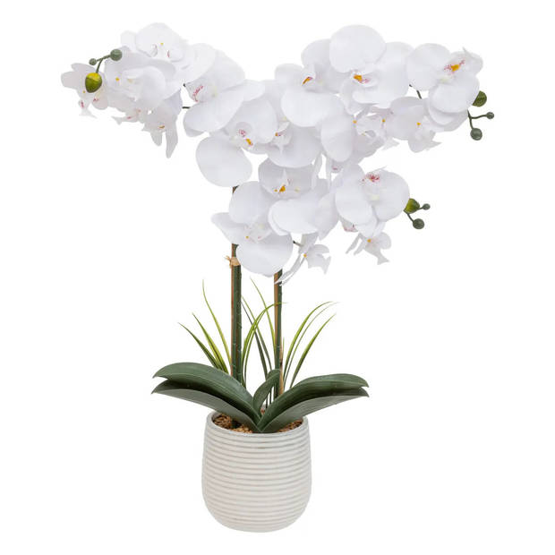 Atmosphera Orchidee bloemen kunstplant in een witte bloempot - 2x - witte bloemen - H60 cm - Kunstplanten