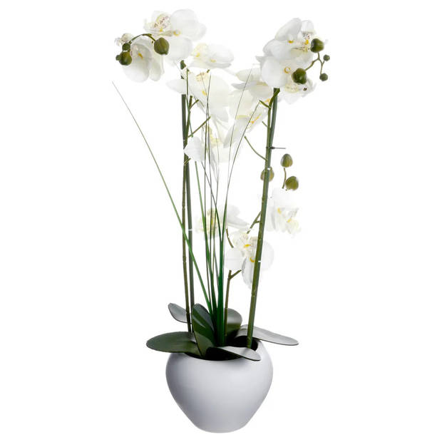 Atmosphera Orchidee bloemen kunstplant in witte bloempot - 2x - witte bloemen - H53 cm - Kunstplanten