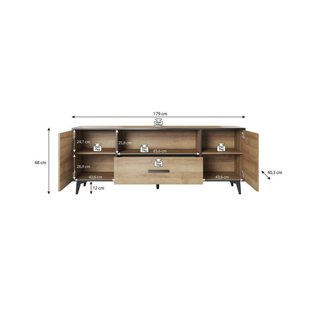 Meubella TV-Meubel Frey - Licht eiken - Zwart - 179 cm