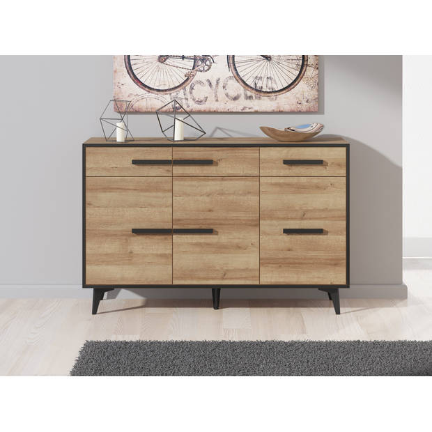 Meubella Dressoir Frey - Licht eiken - Zwart - 135 cm