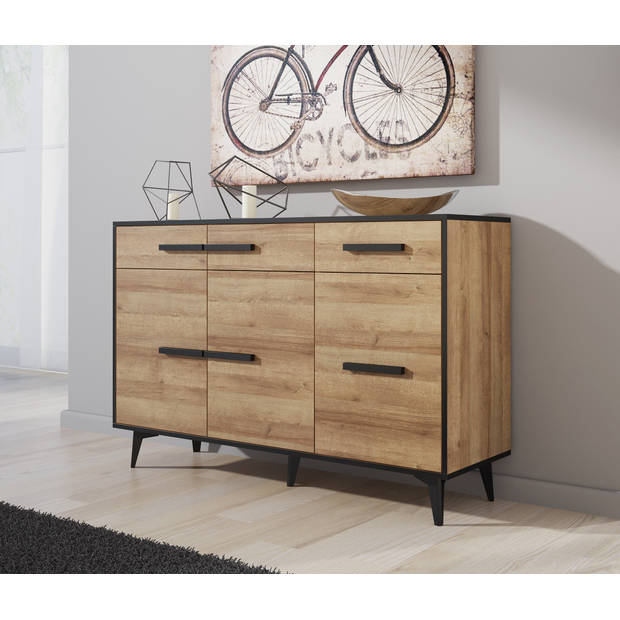 Meubella Dressoir Frey - Licht eiken - Zwart - 135 cm