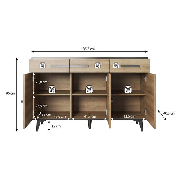 Meubella Dressoir Frey - Licht eiken - Zwart - 135 cm