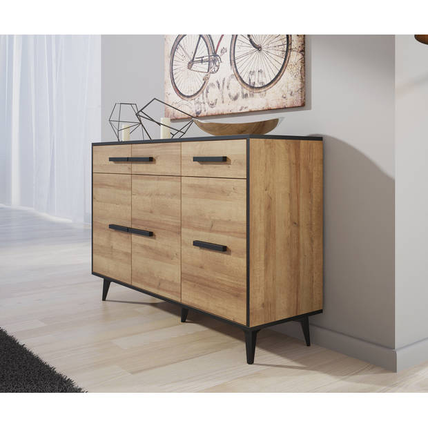 Meubella Dressoir Frey - Licht eiken - Zwart - 135 cm