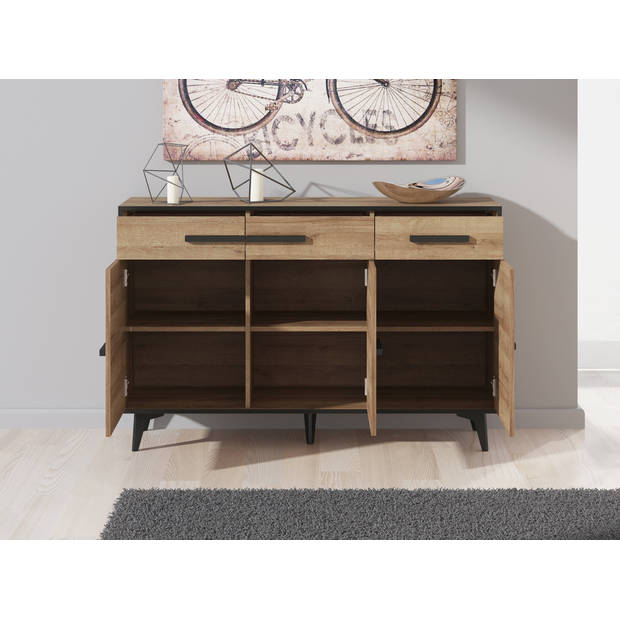 Meubella Dressoir Frey - Licht eiken - Zwart - 135 cm