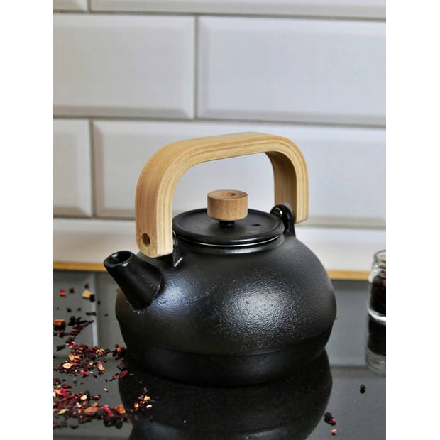 HIT Gietijzeren Theepot 1,1 Liter - Bamboe handvat - 17 x 17 x 16 cm - Zwart