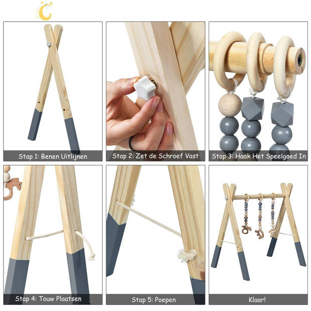 Trendmix Houten Babygym met 3 hangers - Babyspeeltoestel 60 x 44 x 60 cm Grijs