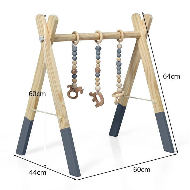 Trendmix Houten Babygym met 3 hangers - Babyspeeltoestel 60 x 44 x 60 cm Grijs