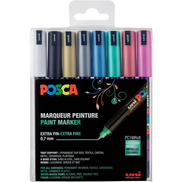 Uni POSCA paintmarker PC-1MC, 0,7 mm, etui met 8 stuks in geassorteerde metallic kleuren