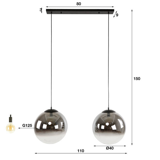 Giga Meubel - Hanglamp Rond - Zwart 2-Lichts - 110x40x150cm