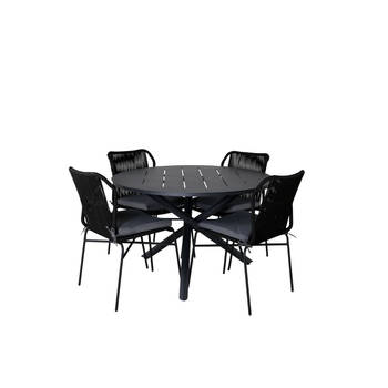Alma tuinmeubelset tafel Ø120cm en 4 stoel Julian zwart.