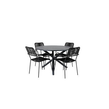 Alma tuinmeubelset tafel Ø120cm en 4 stoel armleuningS Lindos zwart.