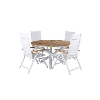Mexico tuinmeubelset tafel Ø140cm en 4 stoel Panama wit, naturel.