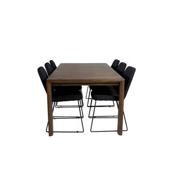 SliderOS eethoek eetkamertafel uitschuifbare tafel lengte cm 170 / 250 rokerig eik en 6 Muce eetkamerstal zwart.