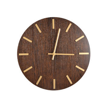 Donker Bruine Houten Wandklok met Gouden Wijzers 40cm Diameter Rond Metalen Accenten Batterij Voeding