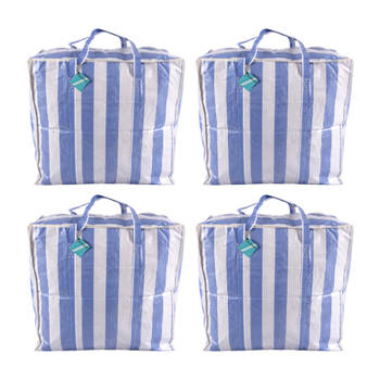 Shopper Tas en Opbergtas met Rits - Blauw-Wit - 55x30x - Plastic - Perfect voor kledingopslag - 720g - Set van 4 stuks