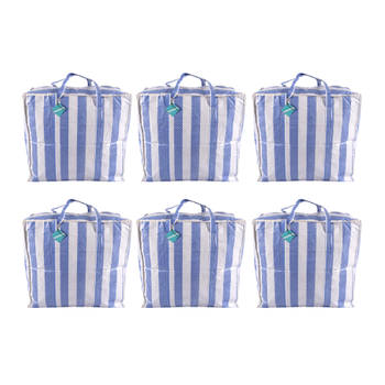 Elegante Blauw-Witte Boodschappentas en Opbergtas met Rits - 55cm x 30cm x 50cm - Plastic - Set van 6 stuks.
