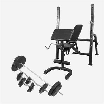 Gorilla Sports Halterbank met Squat Rack + 100 kg set - Halterstang met gewichten - Zwart - 30 mm