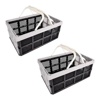 Twee Handige Opvouwbare Plastic Opbergboxen - 40 Liter - Grijs/Zwart - Met Dubbele Zijhandvatten - Afmetingen: