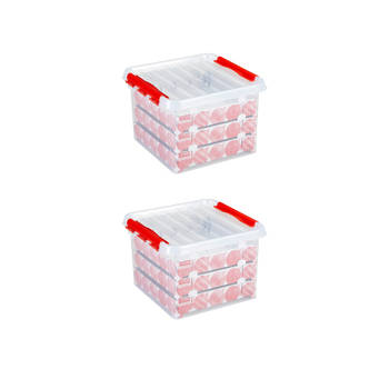 Set van 2 - Q-line kerst opbergbox 26L met trays voor 75 kerstballen transparant rood