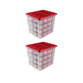 Set van 2 - Nesta kerst opbergbox 45L met trays voor 64 ballen transparant rood