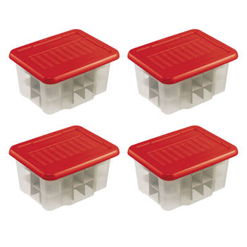 Set van 4 - Nesta kerst opbergbox 24L met trays voor 45 ballen transparant rood
