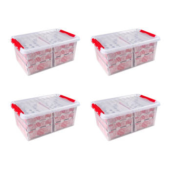 Set van 4 - Q-line kerst opbergbox 45L met trays voor 98 kerstballen transparant rood