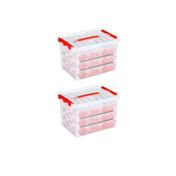 Set van 2 - Q-line kerst opbergbox 22L met trays voor 60 kerstballen transparant rood