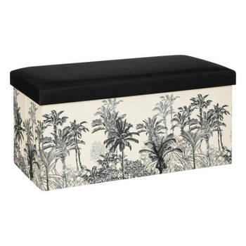 Atmosphera Poef/krukje/hocker Palmtrees - Opvouwbare opslag box - creme wit/zwart - 76 x 39 x 39 cm - Poefs