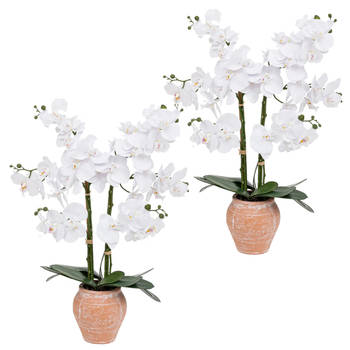Atmosphera Orchidee bloemen kunstplant in sierlijke terracotta bloempot - 2x - witte bloemen - H65 cm - Kunstplanten