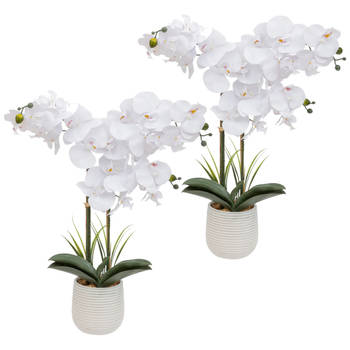 Atmosphera Orchidee bloemen kunstplant in een witte bloempot - 2x - witte bloemen - H60 cm - Kunstplanten