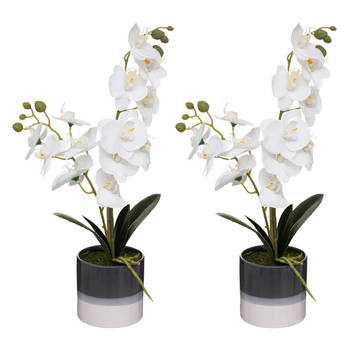 Atmosphera Orchidee bloemen kunstplant in sierlijke blauwe bloempot - 2x - witte bloemen - H45 cm - Kunstplanten