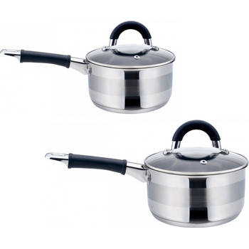 2 x steelpan / sauspan - steelpan met deksel - RVS - 1 liter en 2.1 liter