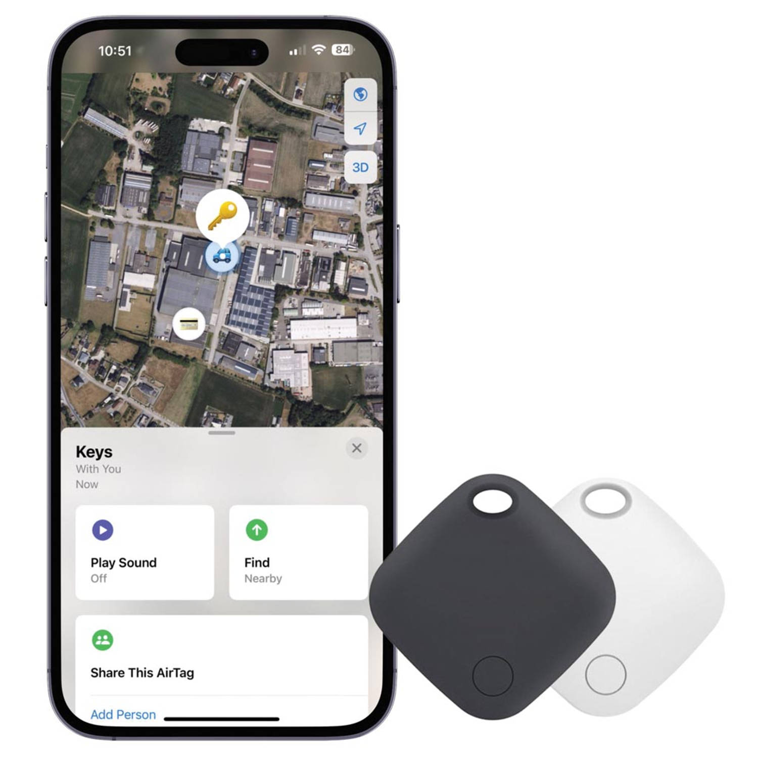 Perel Set met 2 Bluetooth trackers met sleutelhanger, enkel voor iOS (Apple) Find My-App, 365 dagen batterij, wit en zwart