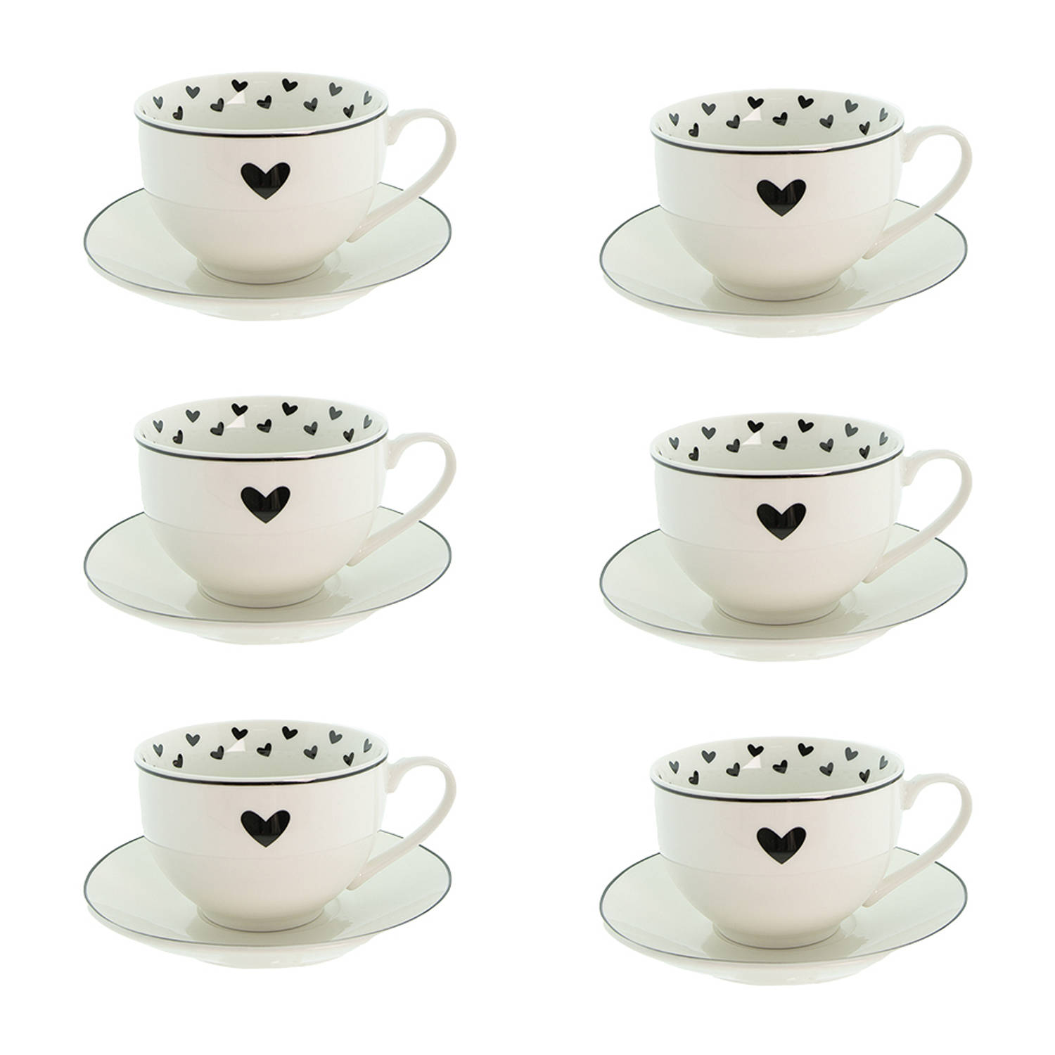 HAES DECO - Kop en Schotel set van 6 - inhoud 220 ml - kleuren Wit / Zwart - Bedrukt Porselein met Hartjes - Theeservies, Koffieservies, Theekoppen, Koffiekoppen, Cappuccino