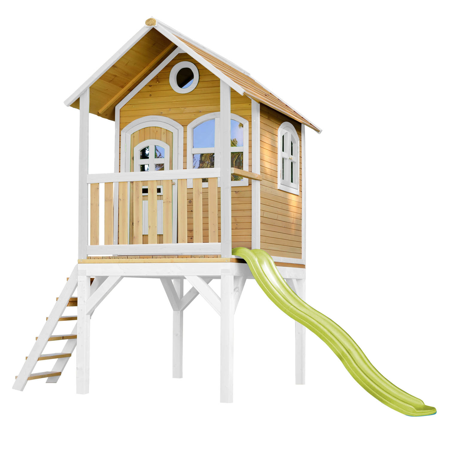 AXI Laura Speelhuis Bruin/wit – Limoen groene Glijbaan – Classic speelhuisje met verdieping en ladder – FSC hout - Speeltoestel voor kinderen