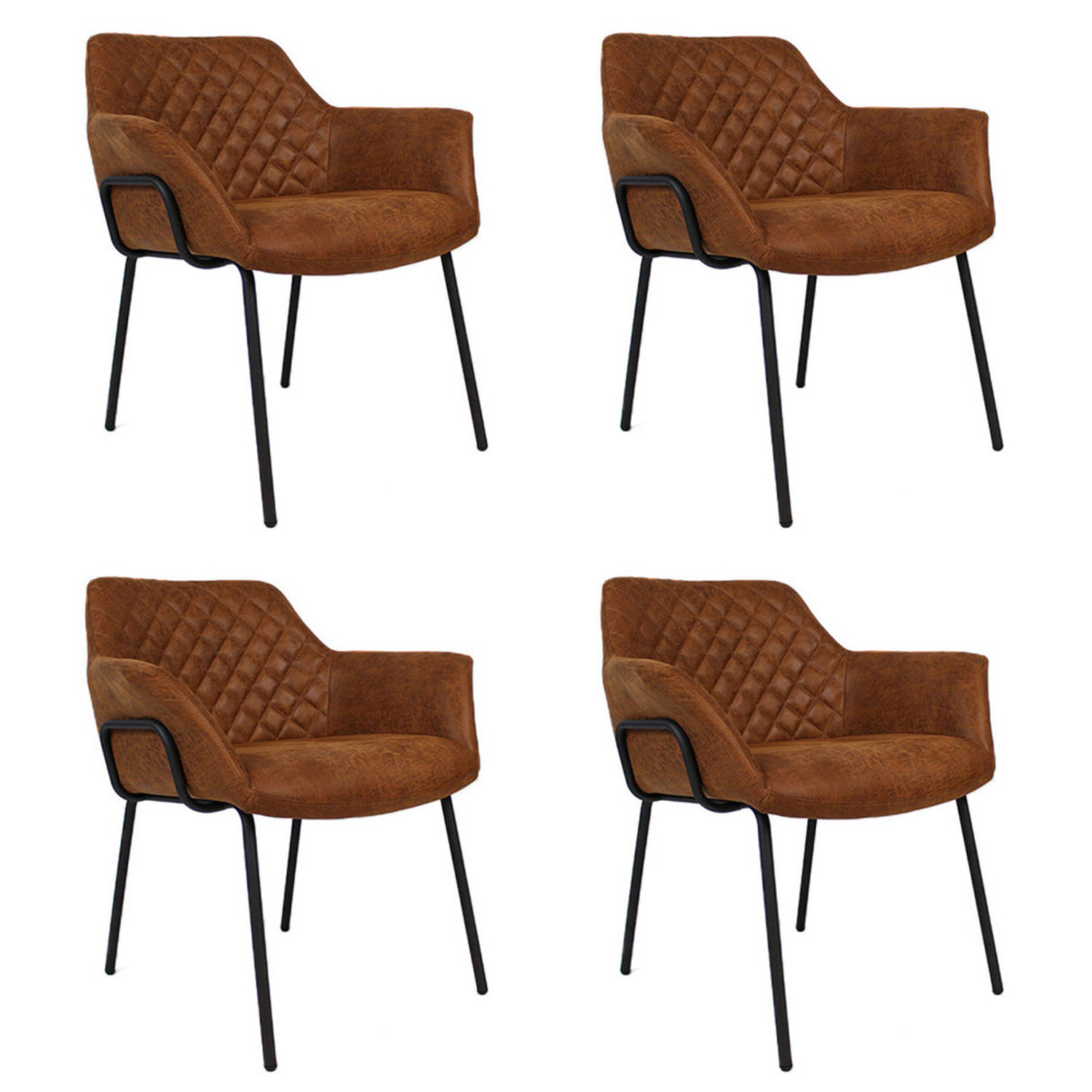 Bronx71 Industriële Eetkamerstoel Club Cognac Eco Leer- Eetkamerstoelen Set Van 4