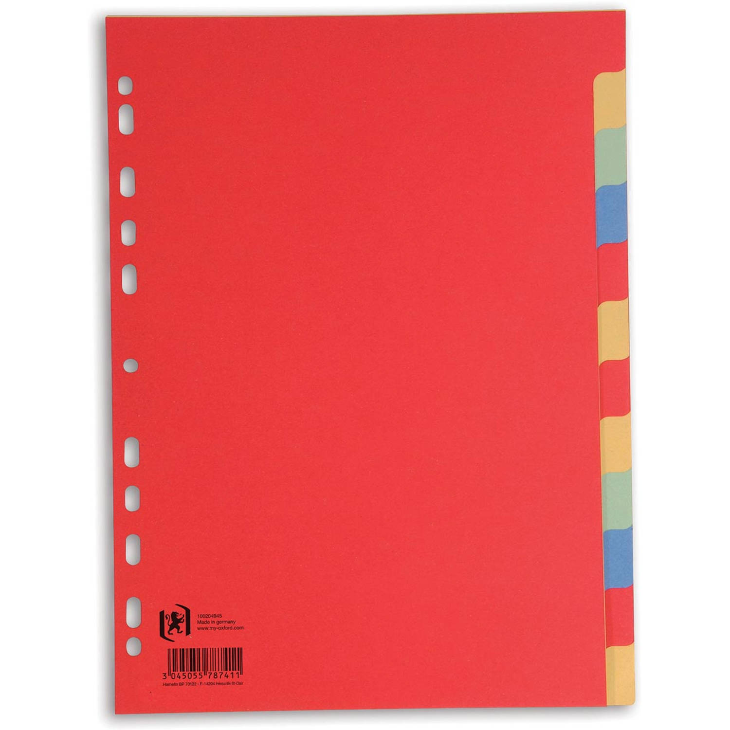 OXFORD tabbladen, formaat A4, uit karton, onbedrukt, 11-gaatsperforatie, geassorteerde kleuren, 12 tabs 50 stuks