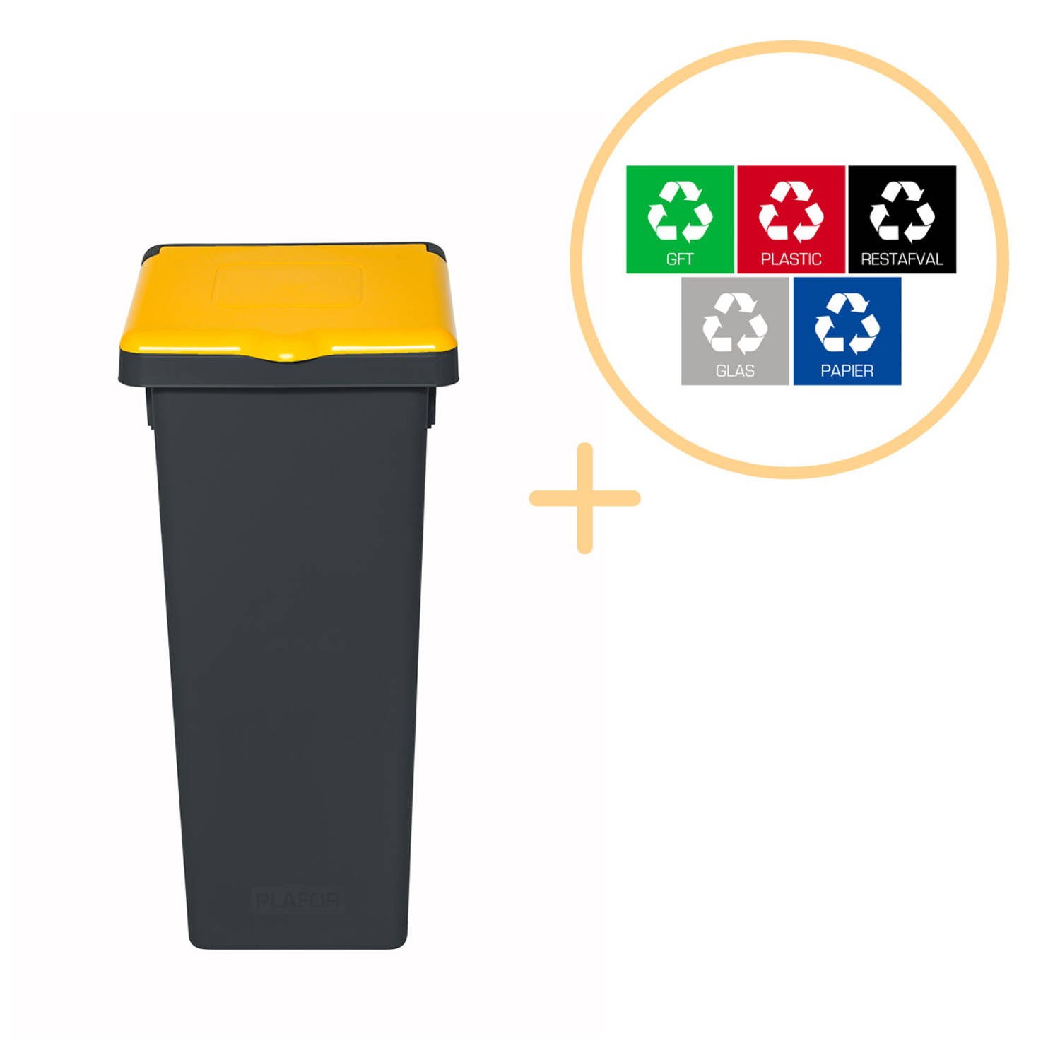 Plafor Fit Bin, Prullenbak met Deksel voor Afvalscheiding - 75L – Grijs/Geel- Inclusief 5-delige Stickerset - Afvalbak voor gemakkelijk Afval Scheiden en Recycling - Afvalemmer - V