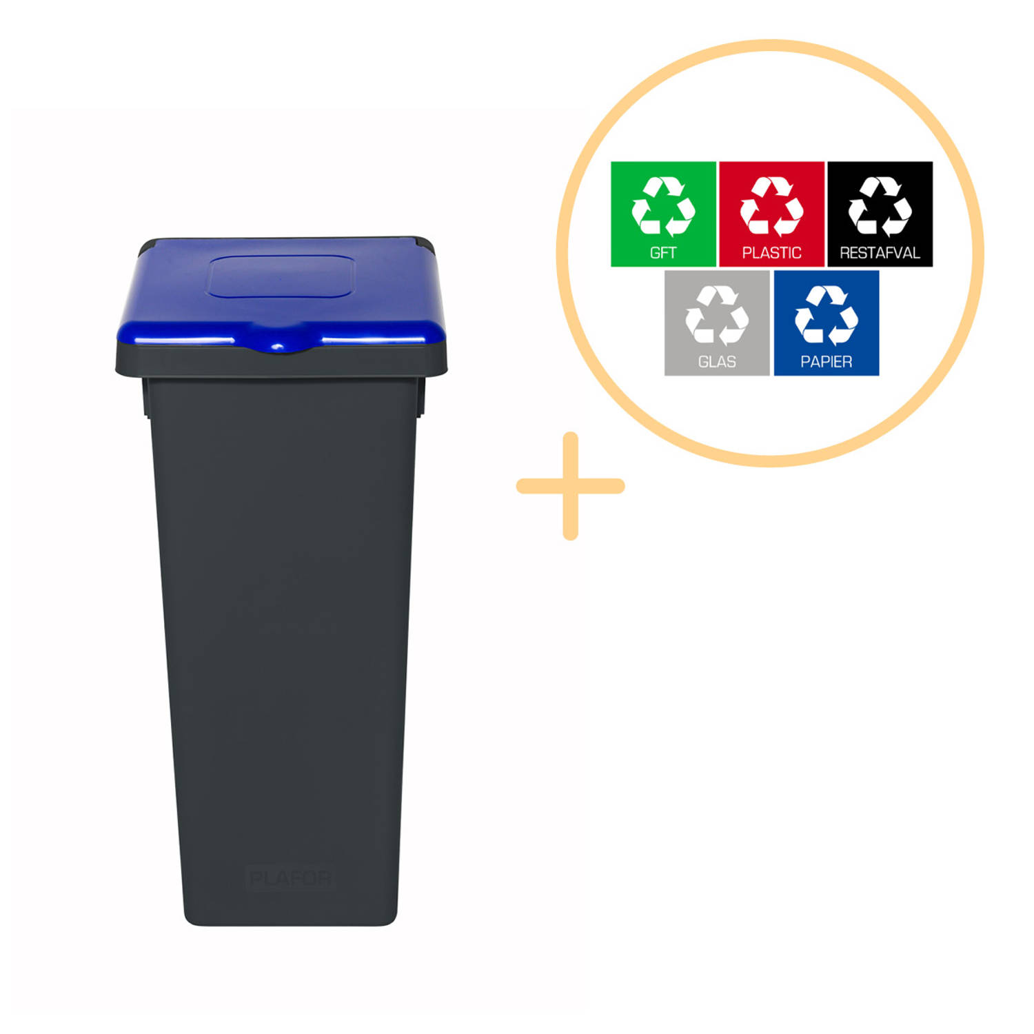 Plafor Fit Bin Prullenbak met Deksel voor Afvalscheiding - 20L – Grijs/Blauw - Inclusief 5-delige Stickerset - Afvalbak voor gemakkelijk Afval Scheiden en Recycling - Afvalemmer -