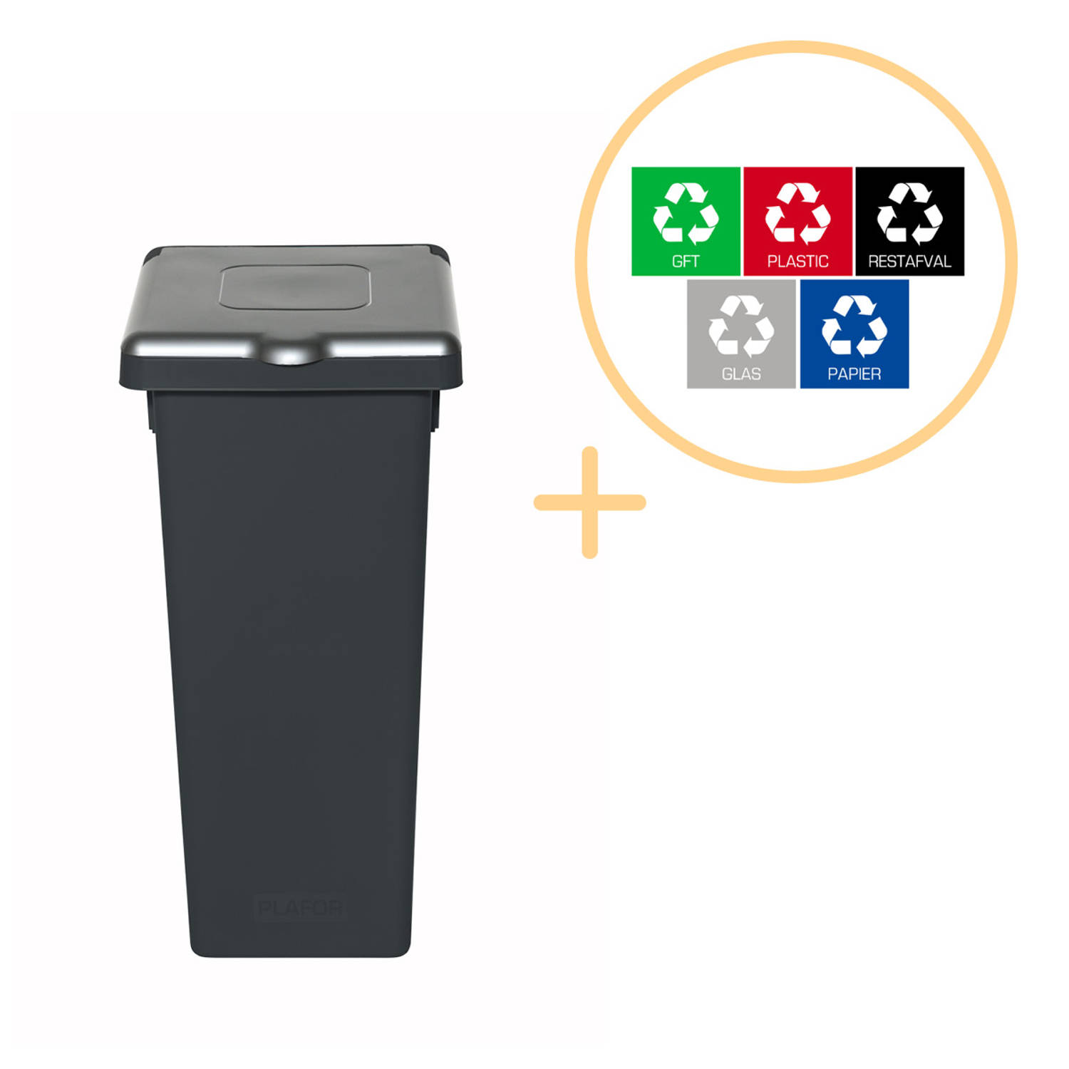 Plafor Fit Bin, Prullenbak met Deksel voor Afvalscheiding - 53L – Grijs - Inclusief 5-delige Stickerset - Afvalbak voor gemakkelijk Afval Scheiden en Recycling - Afvalemmer - Vuiln