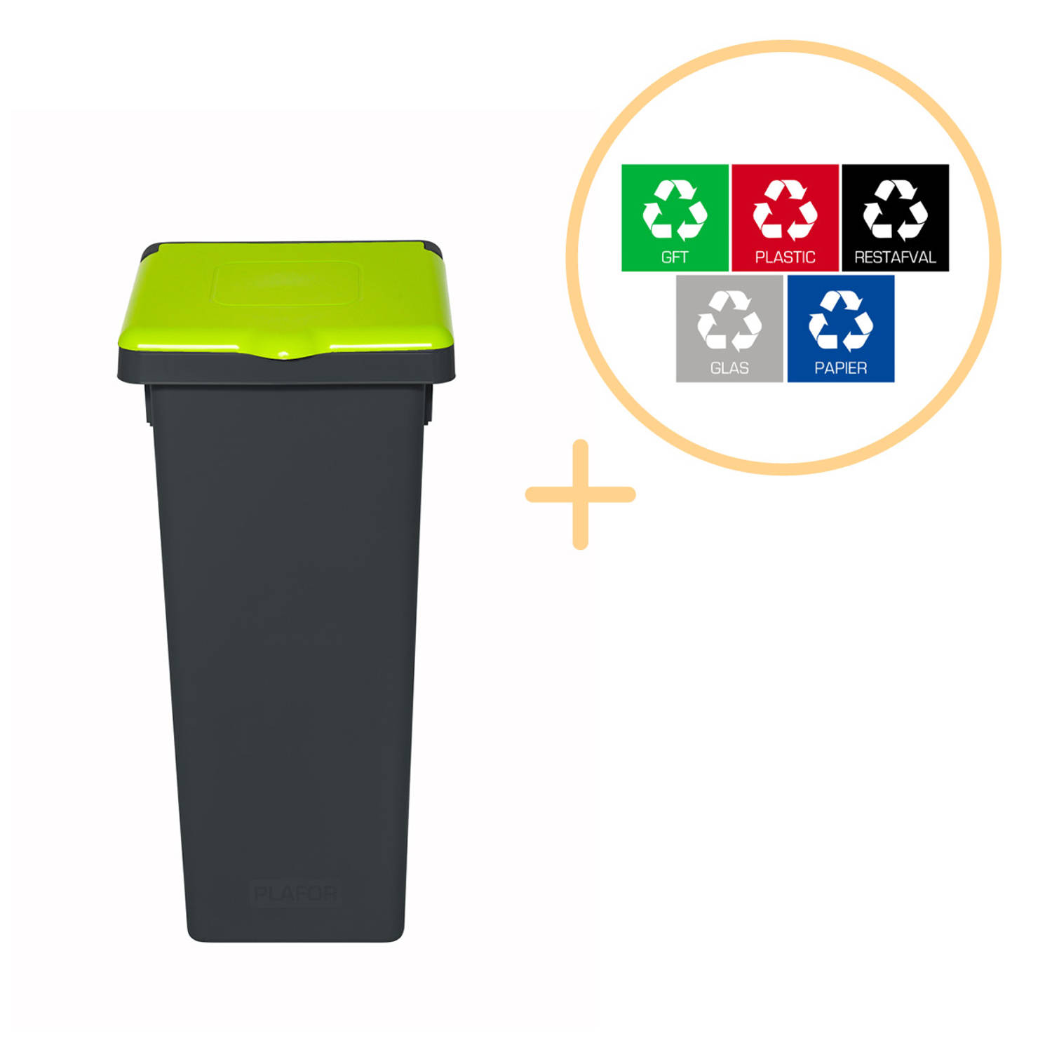 Plafor Fit Bin Prullenbak met Deksel voor Afvalscheiding - 75L – Grijs/Groen - Inclusief 5-delige Stickerset - Afvalbak voor gemakkelijk Afval Scheiden en Recycling - Afvalemmer -